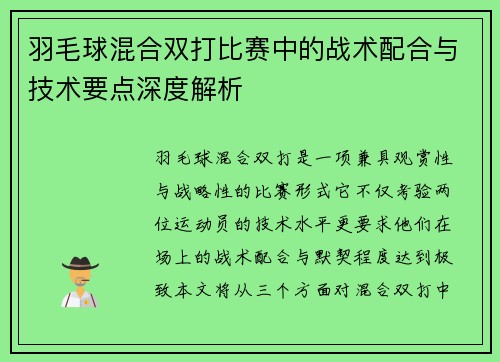羽毛球混合双打比赛中的战术配合与技术要点深度解析
