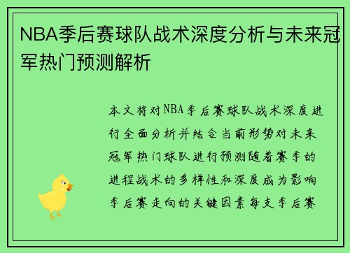 NBA季后赛球队战术深度分析与未来冠军热门预测解析